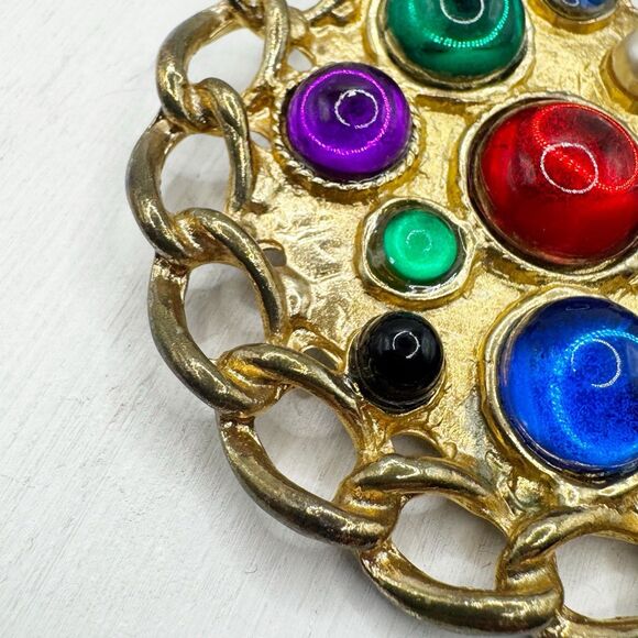 Colorful Cabochon Brooch Moghul Style Large Chain Edge Statement Pin - Picture 4 of 9